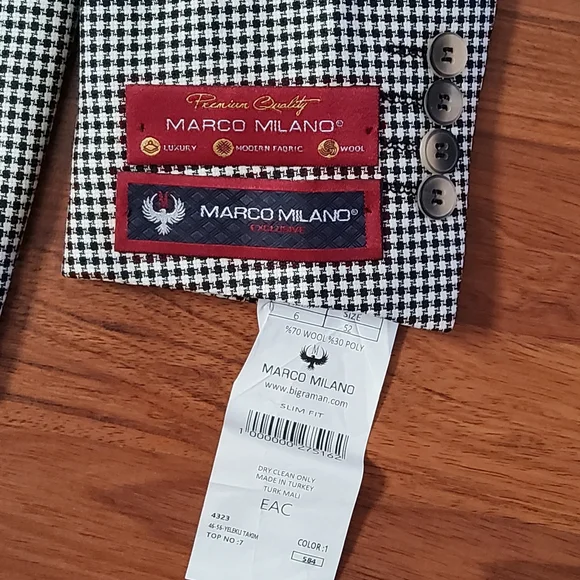 Marco Milano Men’s Slim Fit Wool Suit 4pcs Set Black White Size 40S New